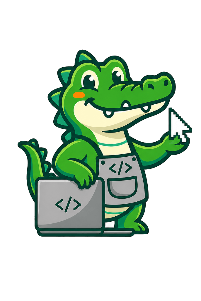 Mascota de CrocoWeb: un cocodrilo con delantal de programador, apoyado en una laptop