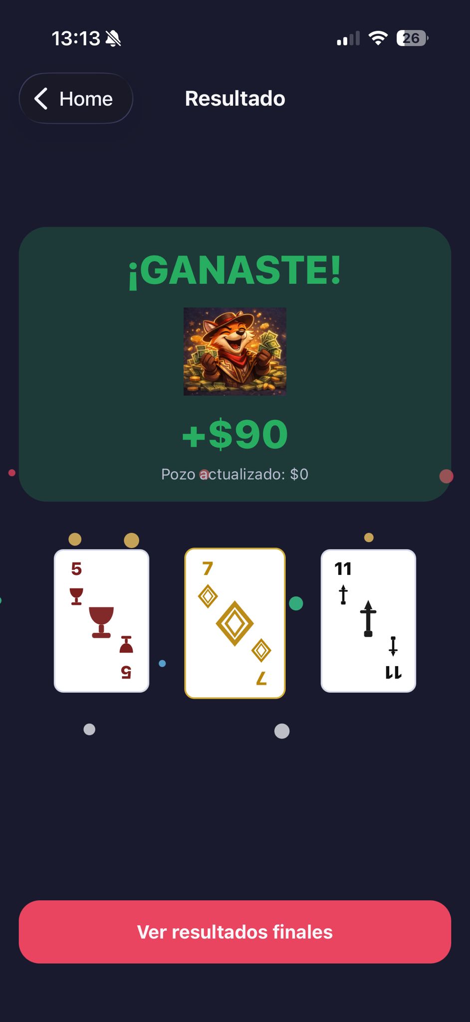 Captura de la app Carloncho, juego de cartas con apuestas