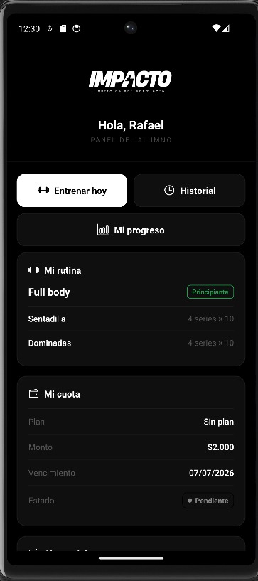 Captura de la app Impacto, gestión de un centro de entrenamiento
