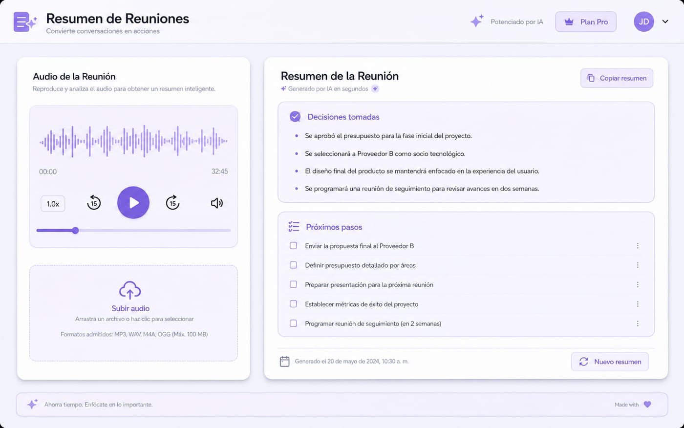 Captura de Resumen de Reuniones, app que transcribe y resume audio con IA