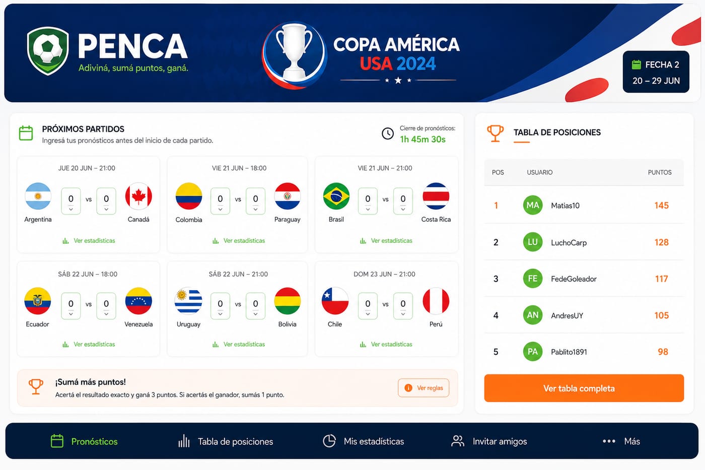 Captura de Penca, sistema de predicciones para torneos